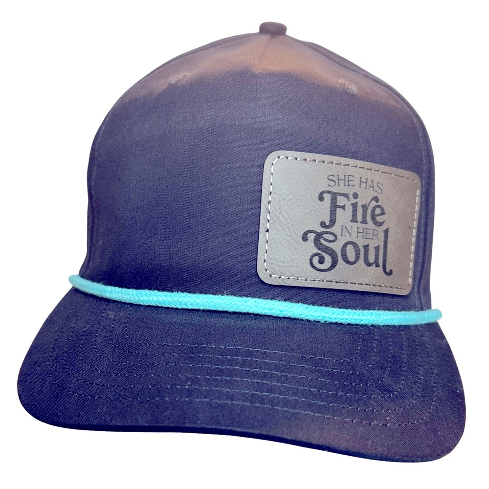 She Has Fire in Her Soul Faux Leather Patch on a 5-Panel Golf Cap, Rope Hat navy
